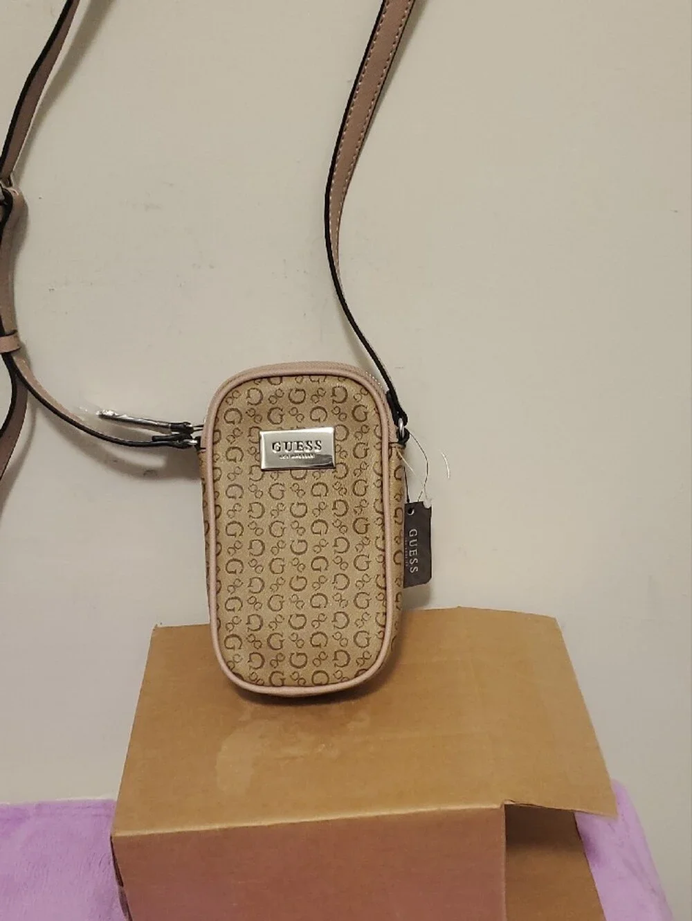 GUESS Beige Monogram Phone Crossbody with Pale Nude Trim